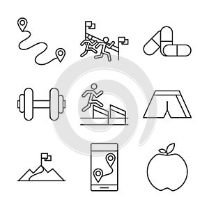 Running sport race track flag finish apple barbell medicine line icons set design