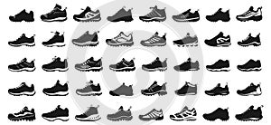 Running sport shoes silhouettes. Athletic sneakers icons, sports casual footwear for football basketball marathon sprint