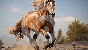 Running stallion in the meadow, showcasing beauty and freedom generated by AI