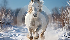 Running stallion in winter snow, beauty in nature motion generated by AI