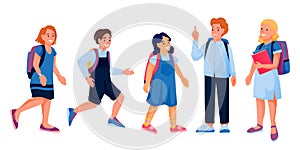 Running and standing school children with books and backpacks. Vector illustration. Back to school kids, isolated