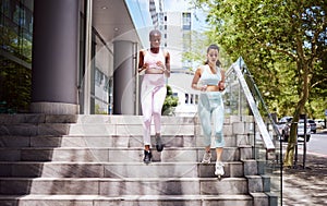 Running steps, city fitness and women cardiovascular exercise training, workout and healthy lifestyle in urban outdoors