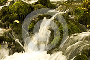 Running stream of water in a mountain river . Selective focus