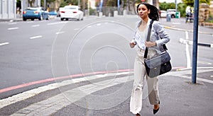 Running, stress or late business woman in hurry with bag missing job interview, meeting or startup pitch idea in