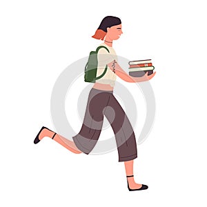 Running student girl with stack of books