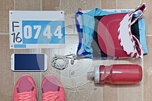 Running stuff laid out ready for a race day. Soft focus.
