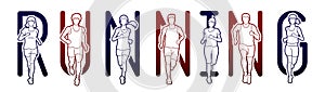 Running text font design, Marathon runners, Group of people running, Men and Women running