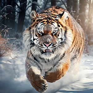 Running tiger with snowy Tiger in wild winter Amur tiger running in the Action wildlife danger animal