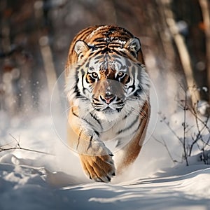 Running tiger with snowy Tiger in wild winter Amur tiger running in the Action wildlife danger animal