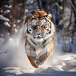 Running tiger with snowy Tiger in wild winter Amur tiger running in the Action wildlife danger animal