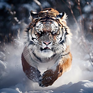 Running tiger with snowy Tiger in wild winter Amur tiger running in the Action wildlife danger animal