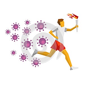 Running torchbearer, lot of viruses are chasing him. Athlete isolated on white background. photo