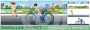Running track in city park. girls are running. Boy boy rides bike. set of slides to create parallax image layer. Cartoon