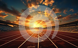 Running track with lanes over sky and clouds