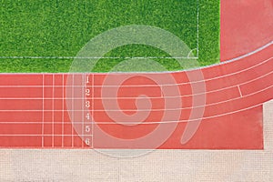 Running track start with numbers. aerial top view