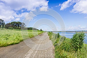 Running trail in Bedwell Bayfront Park on the shoreline of San Francisco bay