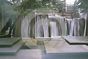 Running Waterfall in Keller Fountain Park in Portland, Oregon