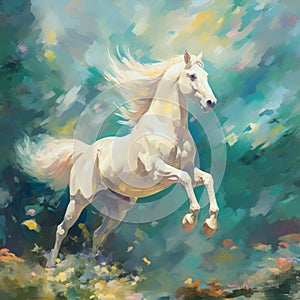 Running White Horse In Tanya Shatseva Style: Post-impressionism Minimalism