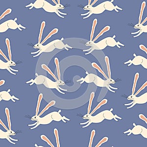 Running white rabbit with long ears. Adorable hare on a blue background. Cute jumping bunny character seamless pattern.