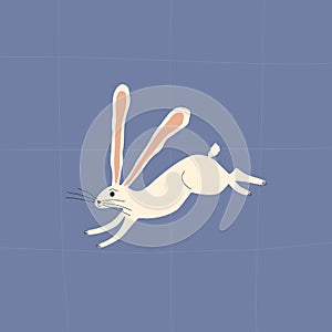 Running white rabbit with long ears. Isolated fabulous hare on a blue background.