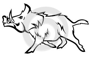 Running wild boar. Black and white vector illustration of a stylized boar. Drawing of a wild animal for hunting. Tattoo.