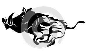 Running wild boar. Black and white vector illustration of a stylized boar. Drawing of a wild animal for hunting. Tattoo.