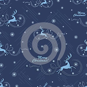 Running winter deer. Snow deer gallop in night sky. Merry Christmas. Seamless background, pattern