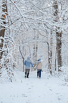 Running in a winter forest with a couple in love