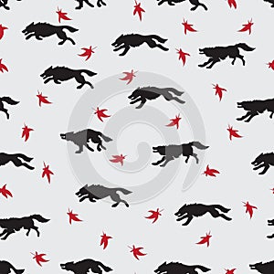 Running wolves. Red leaves.