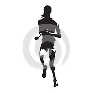 Running woman, abstract vector silhouette, front view