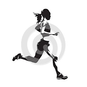 Running woman, abstract vector silhouette, side view