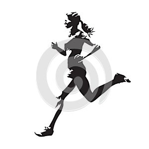 Running woman, abstract vector silhouette, side view