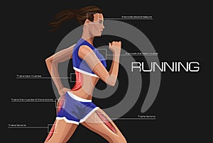 Running woman. Annotation anatomical muscle training.