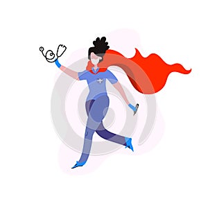Running woman doctor or nurse in face mask with superhero cape. Cute character in cartoon style isolated on white background.