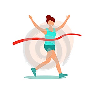 Running woman. Female crossing the finish line. Cartoon flat style vector illustration, winner girl.