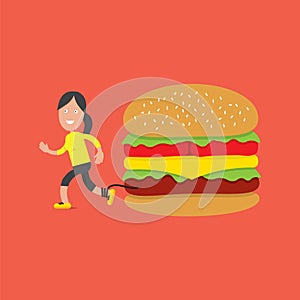 Running Woman With Hamburger Health Concept