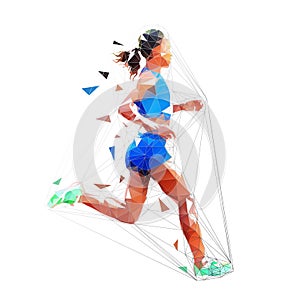 Running woman, isolated low poly vector illustration. Marathon run