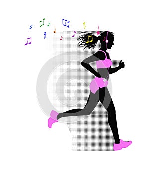 Running woman listening to music player. The silhouette on a white background.