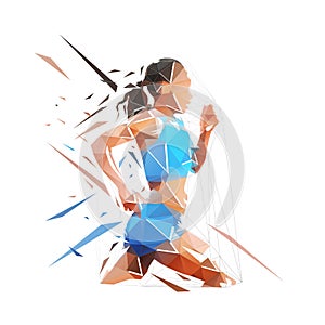 Running woman, low polygonal vector illustration. Run, geometric female athlete logo from triangles, side view