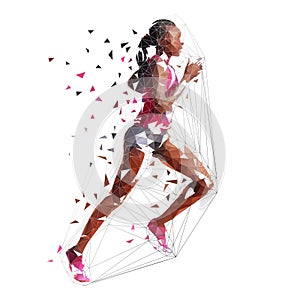 Running woman, low polygonal isolated vector illustration. African american marathon runner, side view. Run, active people