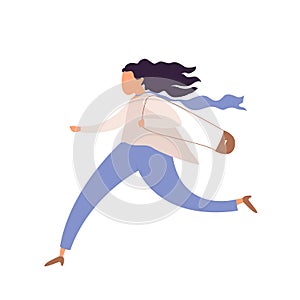 Running woman, office worker character in hurry, rush hour,  hasteing woman with handbag, oversleeping