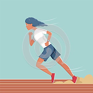 Running woman in red sneakers in a stadium