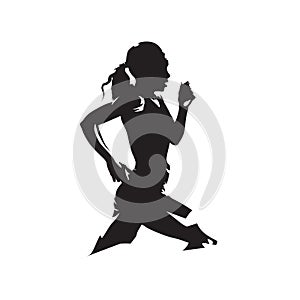 Running woman, side view, abstract isolated vector silhouette. Run logo
