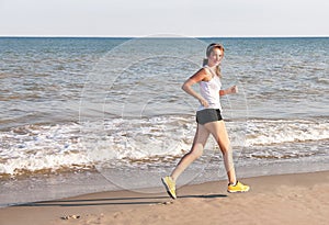 Running woman. Sport active woman running near wat