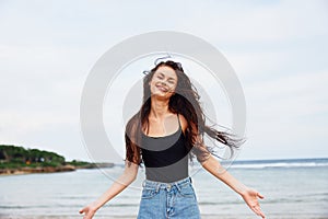 running woman sunset travel young smile lifestyle walking summer sea beach