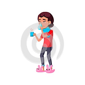 runny nose disease girl holding hot tea cup cartoon vector