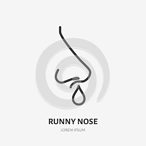 Runny nose line icon, vector pictogram of flu or coronavirus symptom. Nosebleed, nasal mucus illustration, sign for