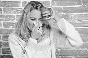 Runny nose symptom of cold. Tips how get rid of cold. Remedies should help beat cold fast. Woman feels badly ill