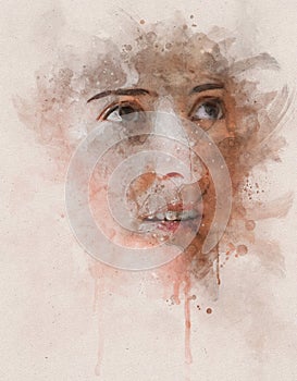 Runny and Splashed Watercolor Illustration of a young and pretty woman portrait