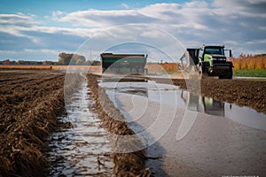runoff from a crop field during the harvest season, with combines and trucks in the background